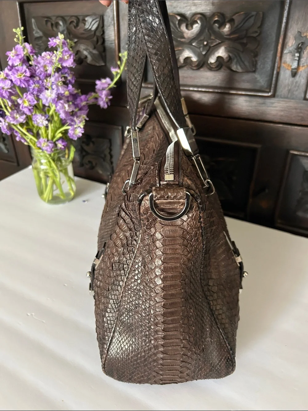 Michael Kors Brown Textured Leather Satchel with Silver-Tone Hardware